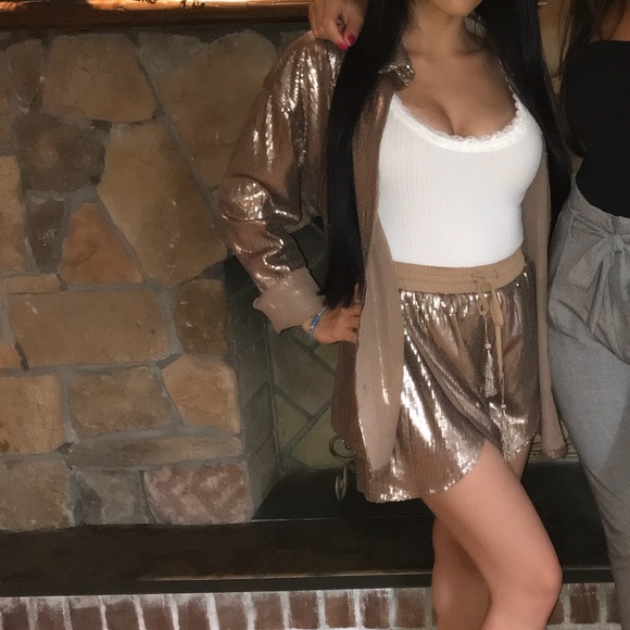 Missguided Pants - MISSGUIDED BRONZE SEQUIN RUNNER SHORTS AND SHIRT